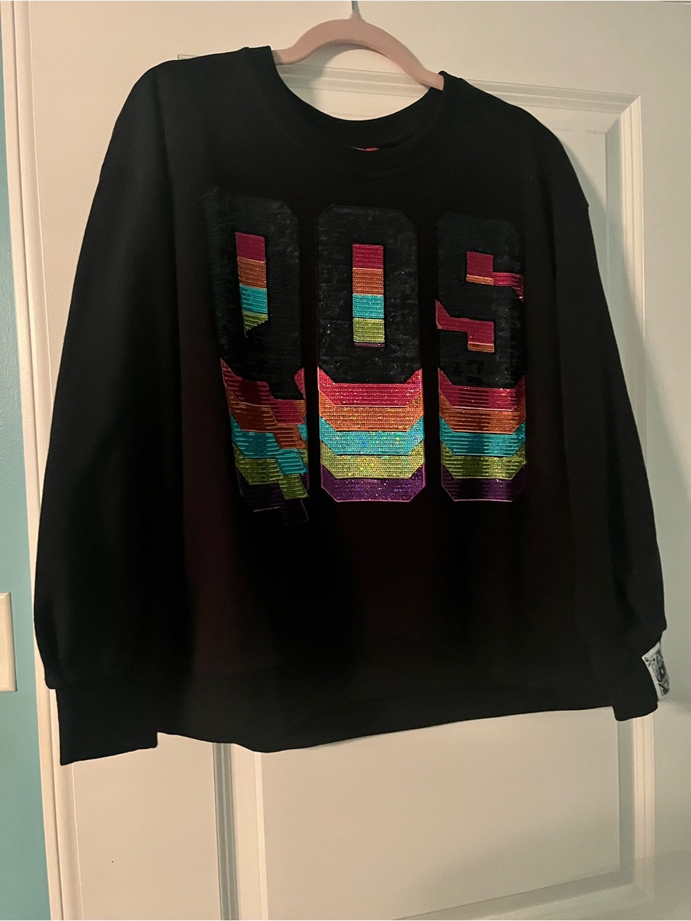 QUEEN OF SPARKLES Black Crewneck Sweater with Rainbow Metallic gradient QOS
